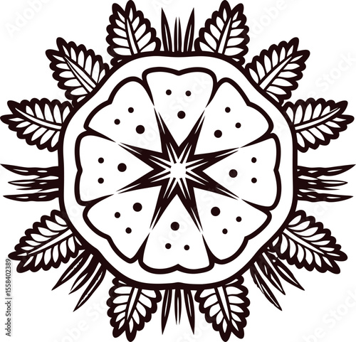 Hand drawn citrus fruit slice mandala with leaves in decorative black and white line art