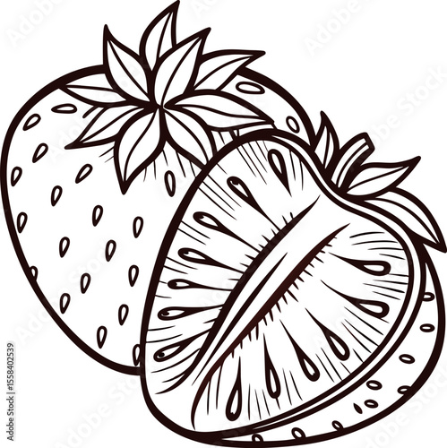 Hand drawn strawberry fruit and half illustration in vintage engraving isolated on white background
