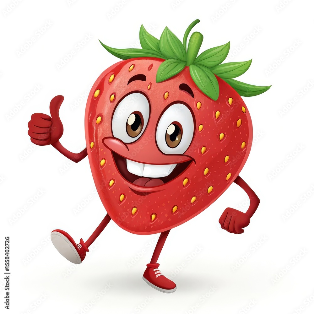 Fototapeta premium Cheerful Cartoon Strawberry Character with Smiling Face and Thumbs Up on White