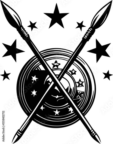 Ancient round shield with crossed spears and stars black and white illustration isolated on white