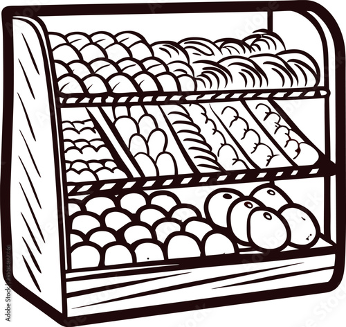 Hand drawn bakery display case filled with assorted bread loaves, buns, and pastries, vintage engraved illustration