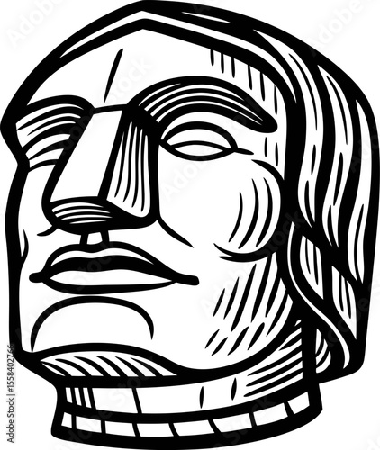 Hand drawn sketch of ancient stone statue head with geometric facial features and engraved details