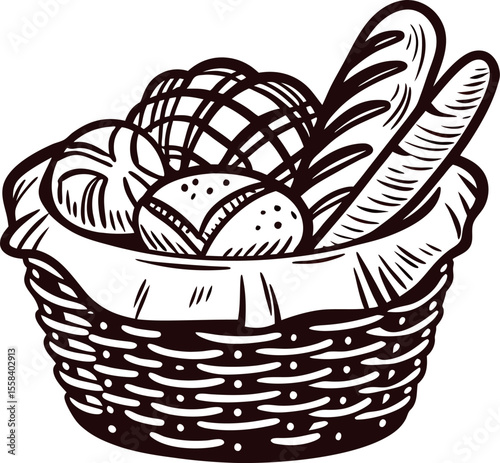 Hand drawn vintage illustration of assorted bread loaves and rolls in a woven basket isolated on white background