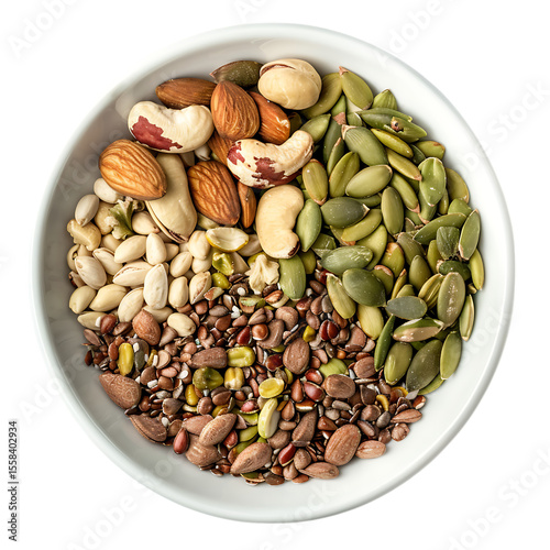 Healthy mixed nuts and seeds in a white bowl isolated on transparent background