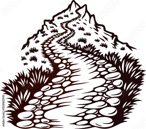 Rocky mountain trail winding through grassy hills with stones and rugged peaks, hand drawn engraving illustration