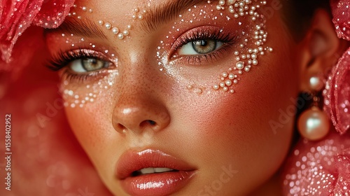A beauty editorial shot featuring pearl accents on makeup, ultra-luxury 