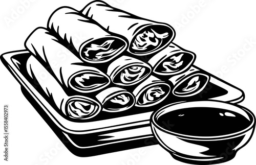 Black and white hand drawn illustration of traditional spring rolls with dipping sauce on plate isolated on white background