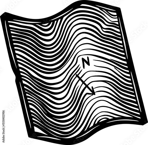Hand drawn wavy topographic map with contour lines and north direction pointer, black and white engraving illustration