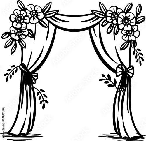 Floral decorative curtain arch with hanging drapery and blooming flowers black and white line drawing illustration