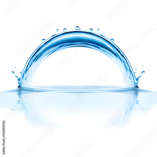 Blue water splash forming an arch with droplets isolated on transparent background