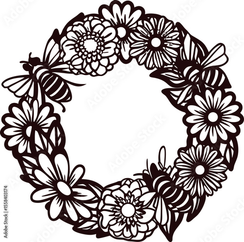 Hand drawn floral wreath with bees and leaves decorative flower circle frame with intricate line art details