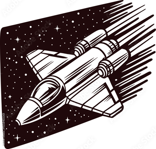 Retro spaceship illustration flying through outer space with stars, vintage hand drawn engraving design
