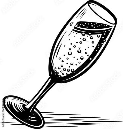 Hand drawn engraved illustration of a tilted champagne glass with bubbles on white background