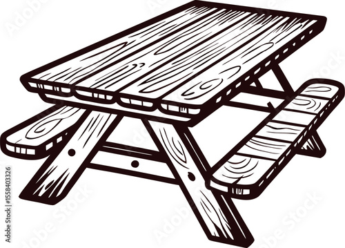 hand drawn wooden picnic table illustration with benches in vintage engraved sketch