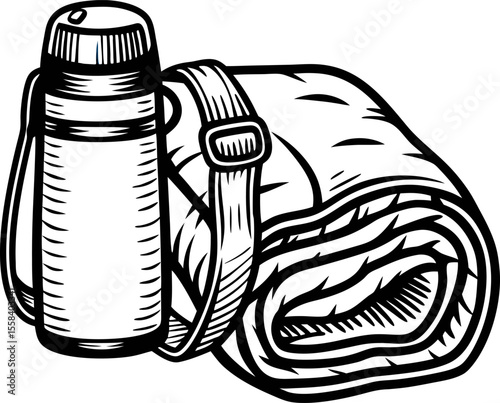 Vintage engraved insulated flask and rolled blanket with shoulder strap isolated on white background illustration