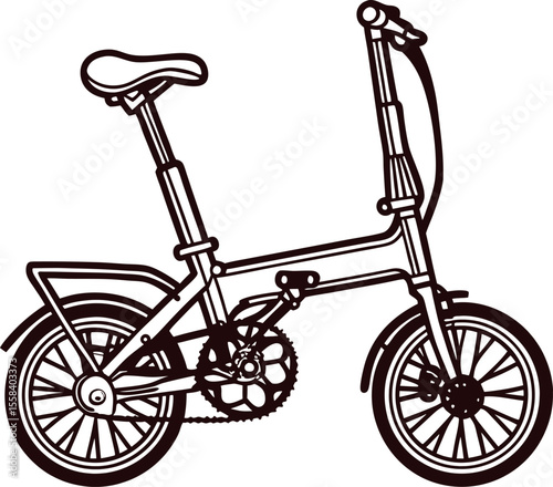 Minimalist illustration of folding bicycle in black and white isolated on white background