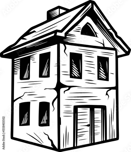 Hand drawn old house with cracks isolated on white vintage black and white sketch of abandoned building illustration