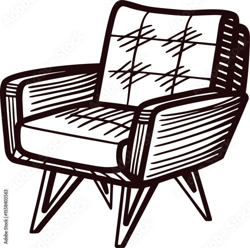 Mid century modern armchair sketch with wooden legs and upholstered seat in vintage engraved illustration