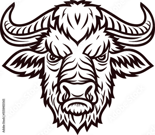 Fierce bull head illustration in black and white aggressive animal mascot design with strong horns and detailed line art