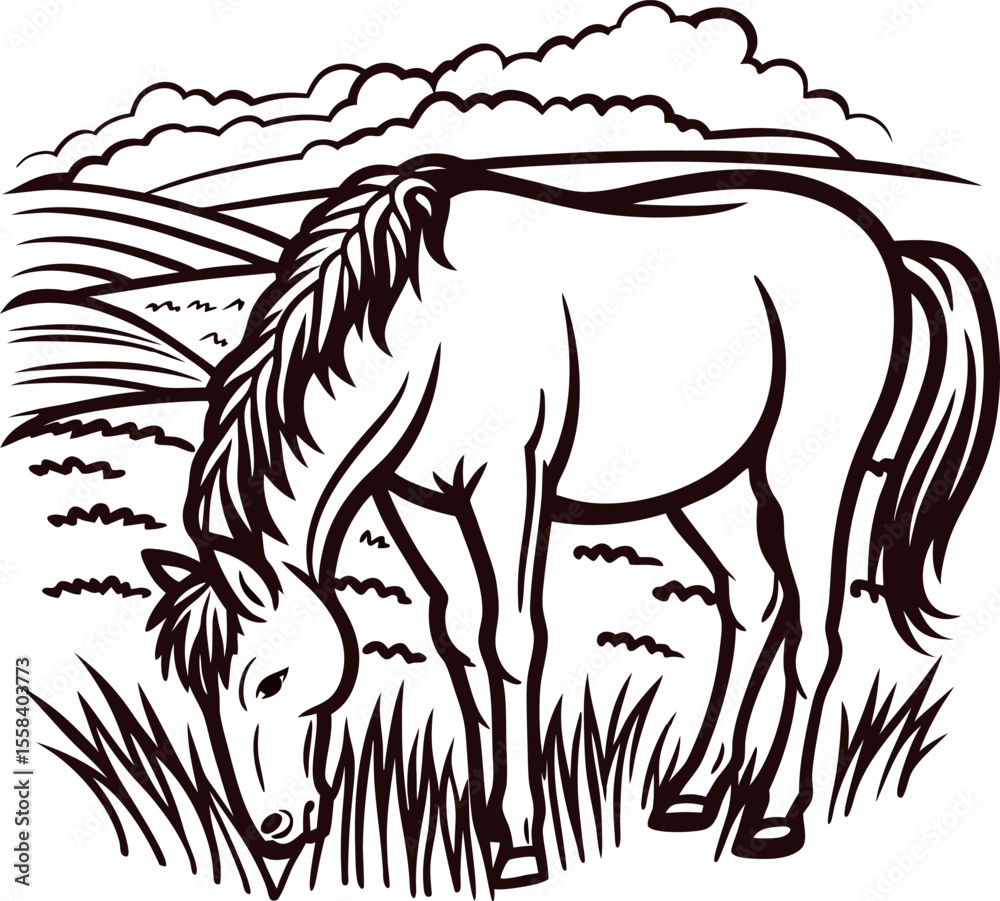 Fototapeta premium Engraved drawing of a horse grazing in a pastoral field with hills and clouds in the background