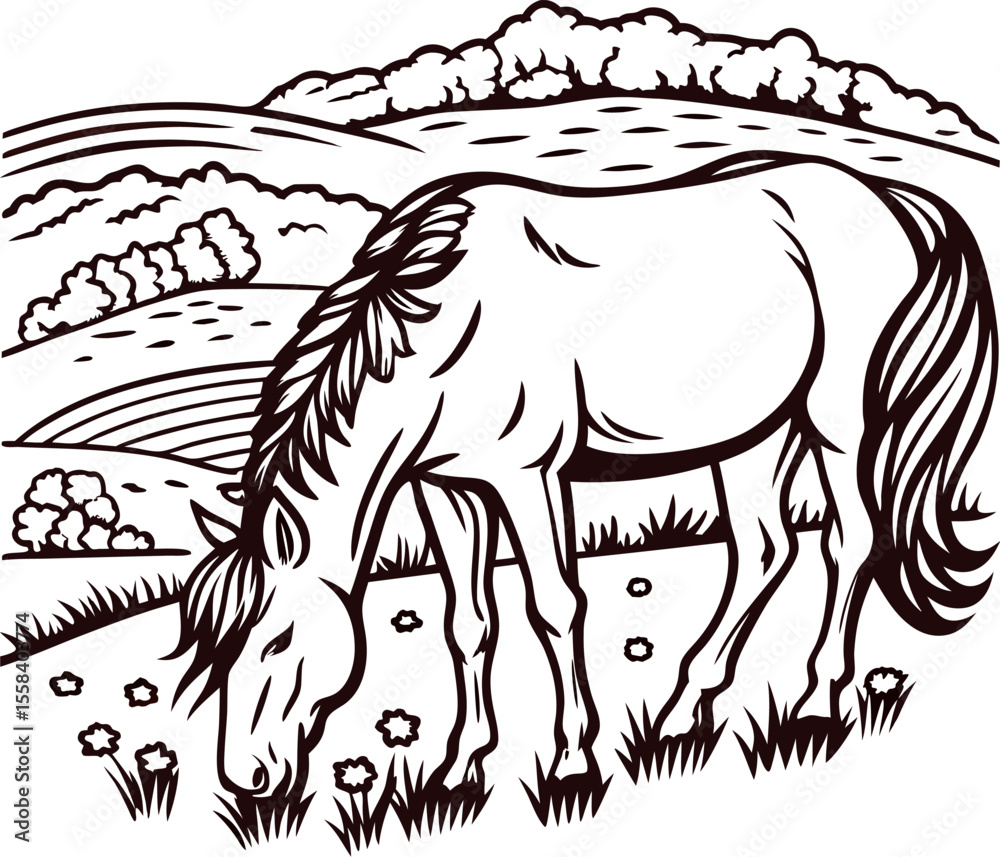 Obraz premium Engraved illustration of a grazing horse in a rural landscape with hills, trees, and blooming wildflowers