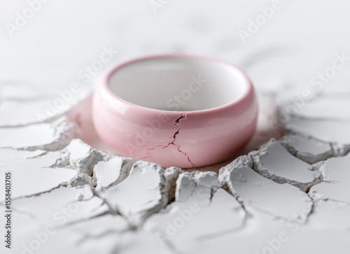 Soft pink ceramic ring sits inside cracked white surface, highlighting contrast between delicate material and rough texture, evoking sense of fragility and resilience in minimalistic style