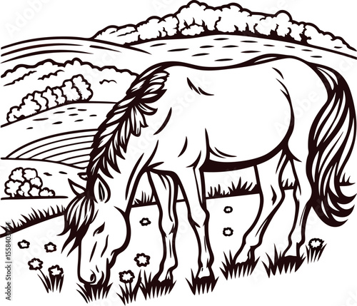 Engraved illustration of a grazing horse in a rural landscape with hills, trees, and blooming wildflowers