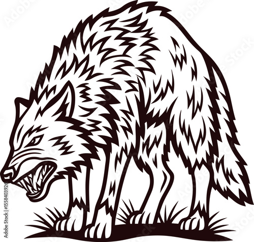 Snarling wolf with raised hackles standing on grass in aggressive pose stylized in bold black and white line art