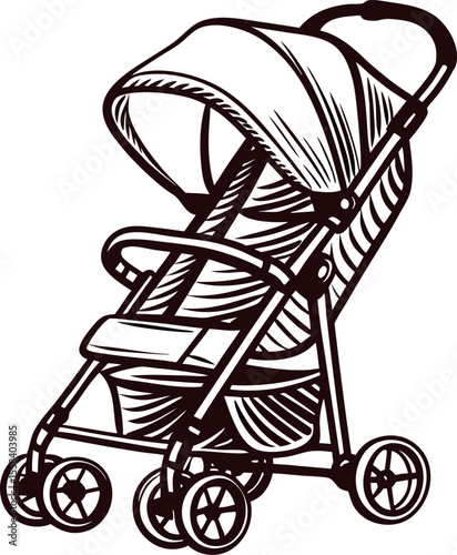 Hand drawn baby stroller in vintage with curved handle and four double wheels illustration