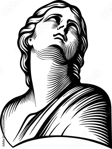 Engraved antique illustration of classical bust of woman with draped garment and upward gaze isolated on white