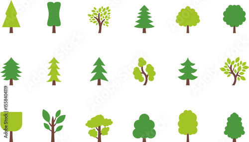 Tree icon, simple silhouettes. Flat trees set, pines, spruces, conifers and deciduous trees. Forest green tree nature plant isolated vector illustration