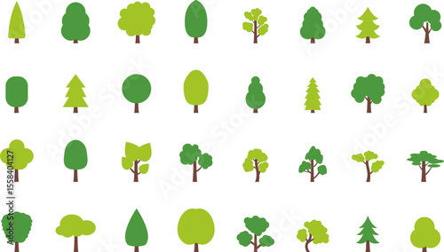 Tree icon, simple silhouettes. Flat trees set, pines, spruces, conifers and deciduous trees. Forest green tree nature plant isolated vector illustration