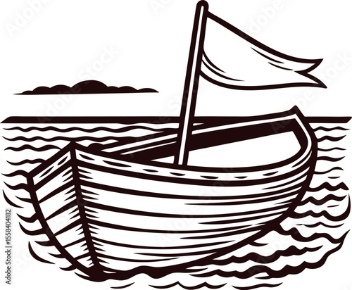 Vintage hand drawn wooden rowing boat with flag floating on rippling water and cloud in background isolated on white
