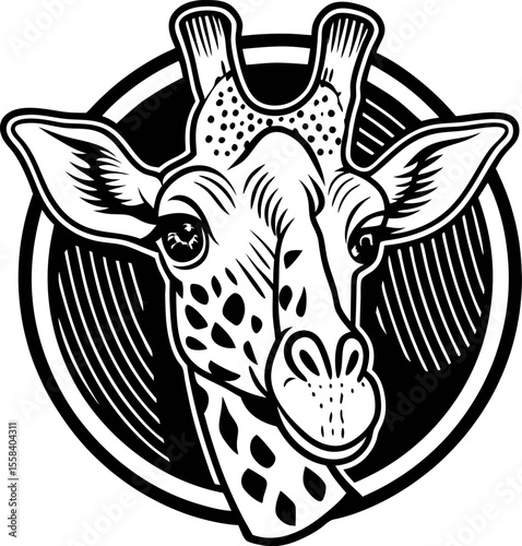 Detailed black and white giraffe head drawing in vintage engraving inside circular frame illustration