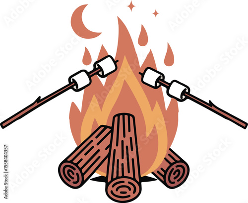Cozy Campfire Scene A delightful illustration captures the essence of a campfire scene. marshmallows are roasting over a crackling flame, illuminated by a crescent moon and stars. transparent isolated