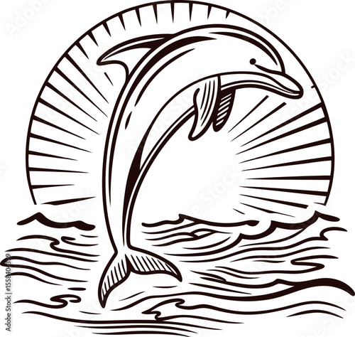 Jumping dolphin with sunburst background and stylized ocean waves in vintage line art