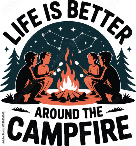 Campfire bonding A captivating scene of a campfire gathering under a starlit sky. The image features a group of friends roasting marshmallows. capturing the essence of friendship and outdoor fun. tran