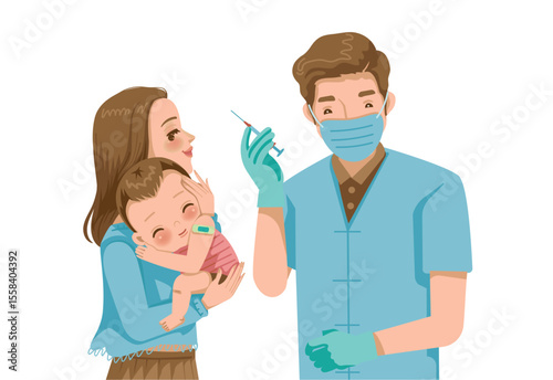 Illustration of Mother Holding Vaccinated Baby and Doctor Holds a Syringe