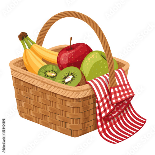 A picnic basket with cloth and fruit