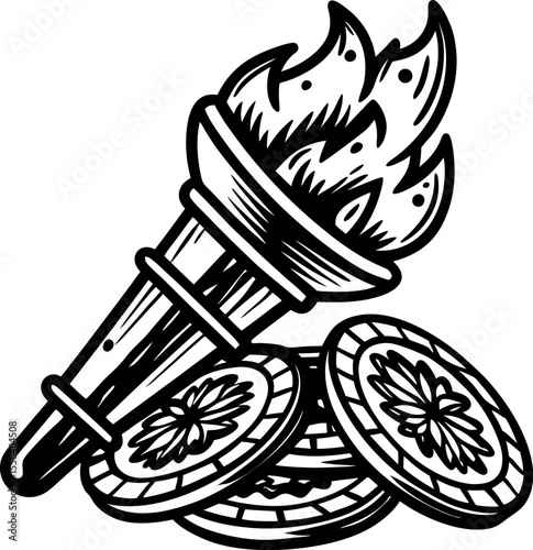 Hand drawn torch with ancient coins illustration vintage engraved black and white sketch