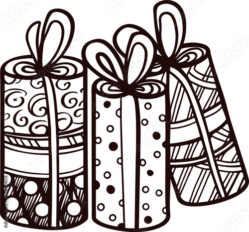 Hand drawn decorative gift boxes with ribbons and bows sketch illustration isolated on white background