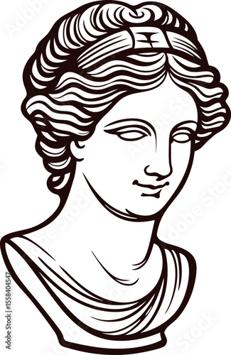 Elegant hand drawn bust of ancient greek goddess with intricate hairstyle and classical features illustration