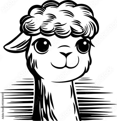 Hand drawn alpaca head in black and white sketch with fluffy wool and expressive eyes