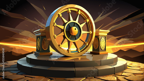 The Dharma Wheel sits atop a stone pedestal, its spokes aged with time, golden under fading sun. Nearby, a Yin-Yang symbol carved into polished black-and-white marble reflects ambient light, balancing