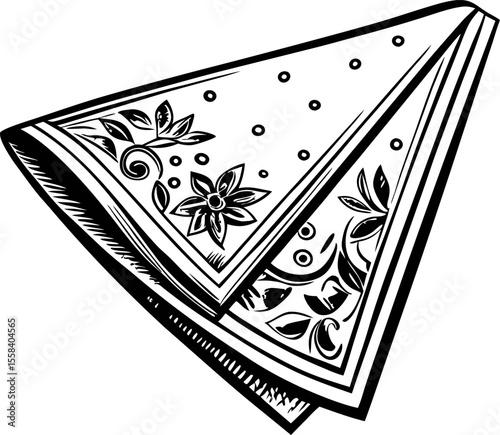 Folded floral patterned handkerchief sketch illustration in black and white line art