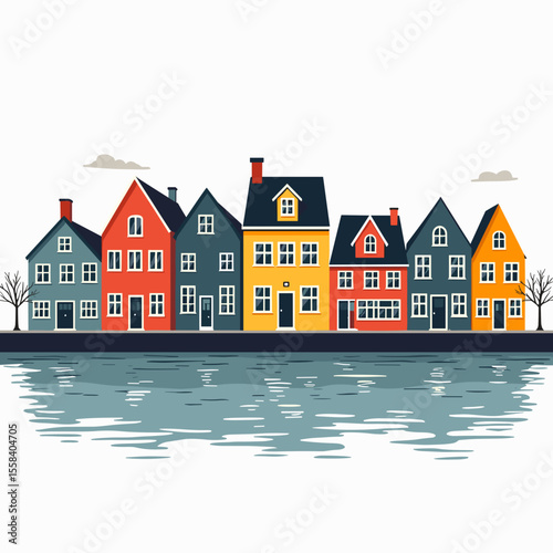 Colorful Row of Houses by the Water, Flat Vector Illustration of a Quaint European Townscape