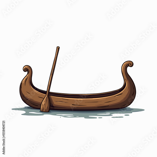 Cartoon Illustration of a Wooden Viking Longboat with Oar on Water, Isolated on White Background