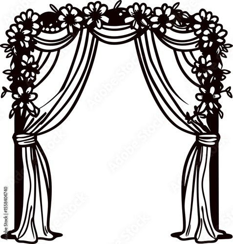 Floral wedding arch illustration with draped curtains and decorative flowers in vintage hand drawn
