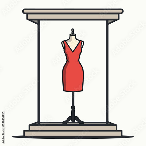 Elegant Red Dress on Mannequin Display in a Minimalist Showroom Illustration