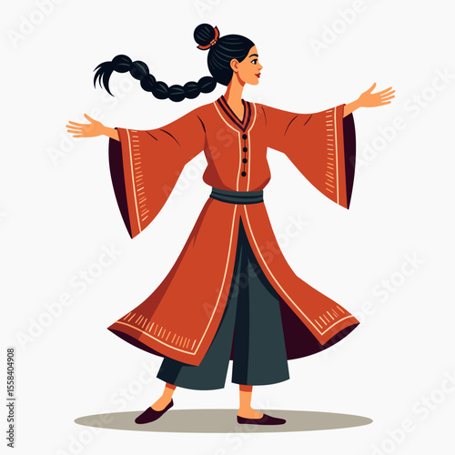 Elegant Woman in Traditional Asian Clothing with Arms Outstretched, a Vector Illustration